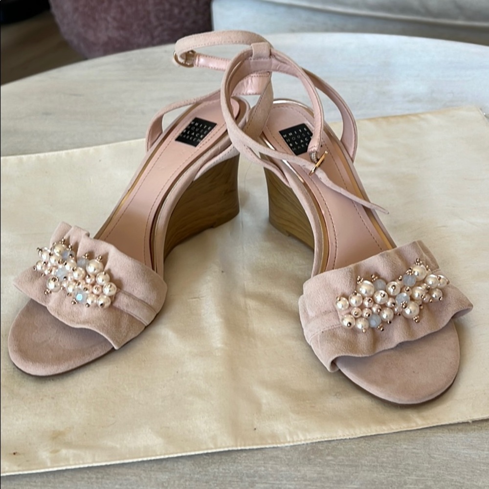 WHBM pink suede beaded wedges. Size 71/2
